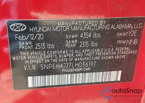 2020 Hyundai Sonata Limited z USA, uszkodzony, nr VIN 5NPEH4J27LH036197